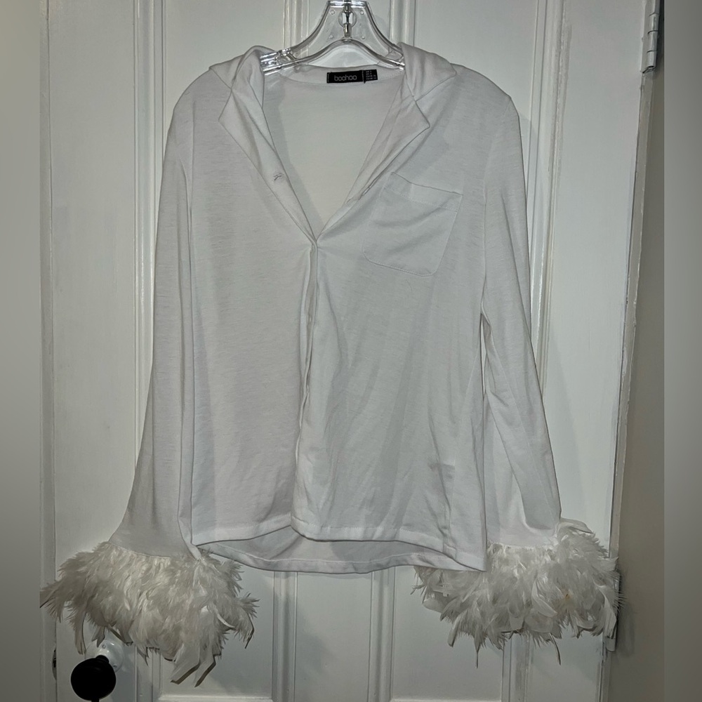 Boohoo White Long Sleeve Top with Feather Cuffs
